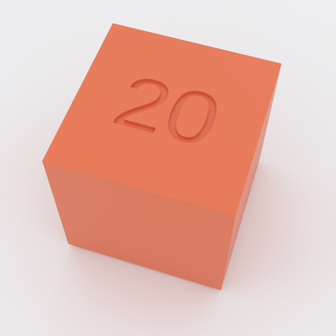 Product shot: the engraved 20 mm size marker, high three-quarter view, satin orange PLA