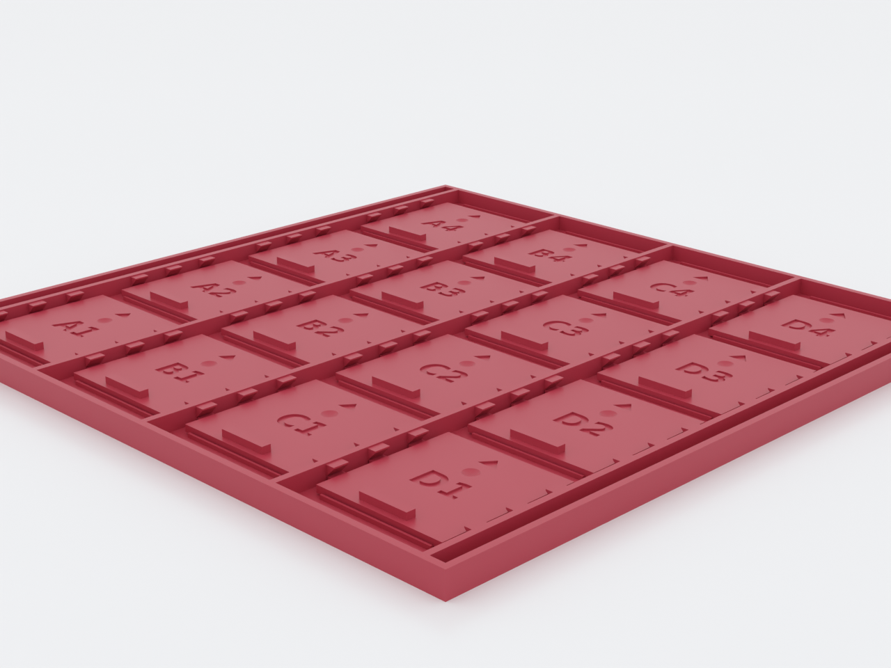 Close-up: crimson shutter doors with the recessed miss-marker seats